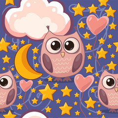Night Sky Seamless Pattern with Owls and Moons