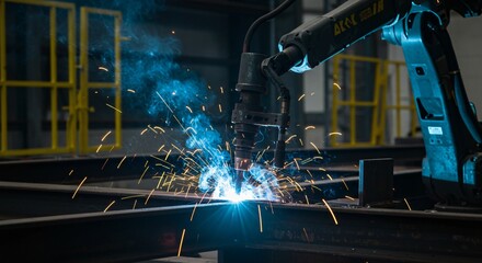 Industrial robotic arm welding steel beams, creating sparks and smoke in manufacturing, for construction business and metalwork industries