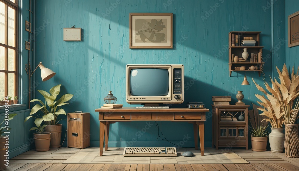 Poster cozy room featuring a computer desk and a lush green plant creating a comfortable and productive wor