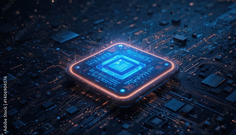 Poster Intricate circuitry with illuminating blue light emitting from a sophisticated electronic component design