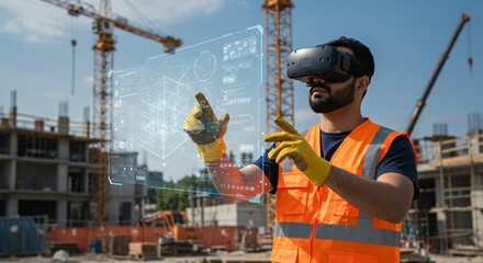 Man in construction using virtual reality technology for building design and visual communication for engineering process, modern digital workspace and technology