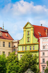 Wroclaw, Poland Old Town Rynek Market Square colorful houses and blue sky