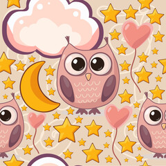 Cute Owl and Moon Seamless Pattern on Beige Background