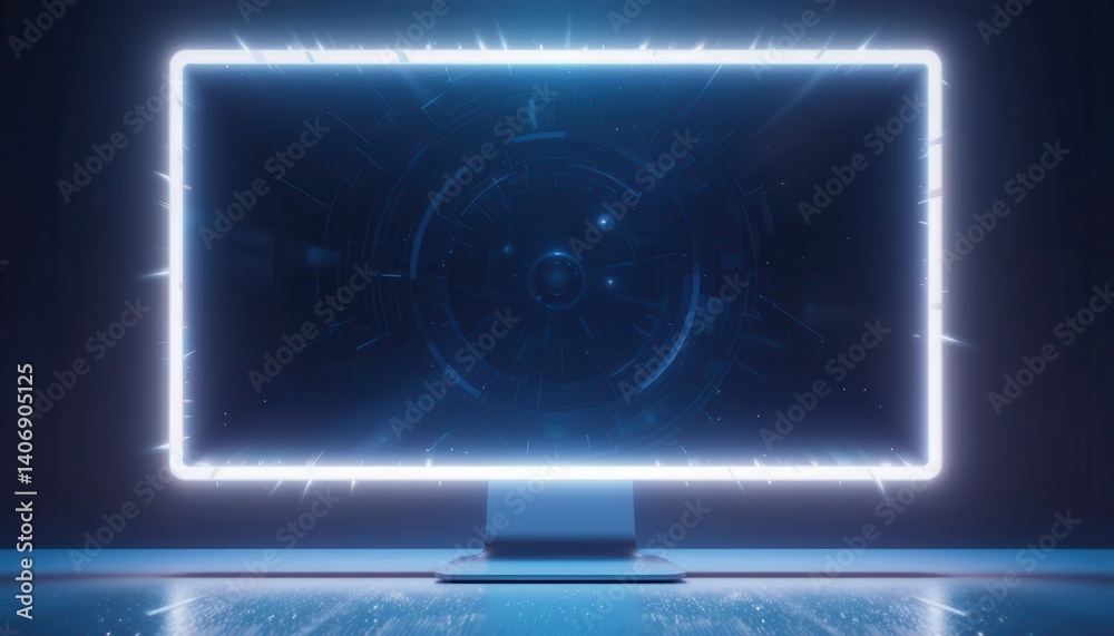 Poster Computer screen framed by a bright glowing neon border, enhancing the visual appeal of a modern digital workspace