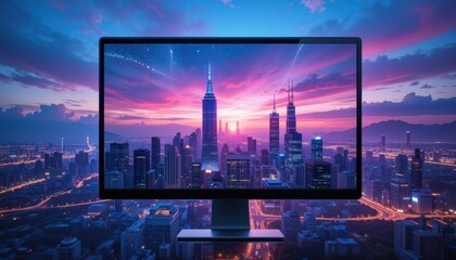 City at night with a bright computer screen illuminating the urban landscape, merging technology and city life