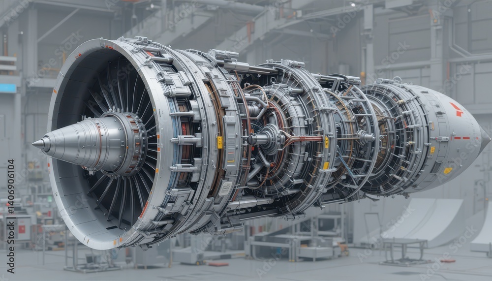 Poster detailed jet engine displaying advanced engineering and technology showcasing aerodynamics and power