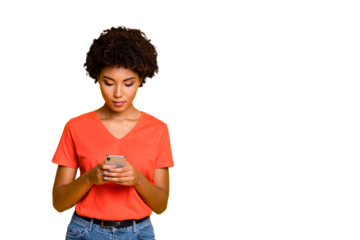 Copyspace photo of attractive thinking guessing puzzled black girlfriend browsing through her telephone wearing jeans denim t-shirt while isolated over yellow vivid color background