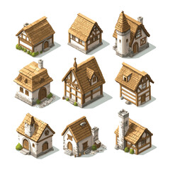 Isometric Wooden Medieval Houses Set Illustration