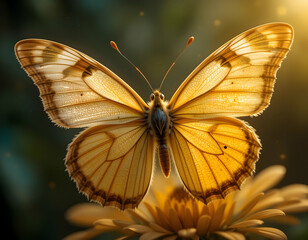 Golden Butterfly with Wings Spread on Yellow Flower in Natural Light