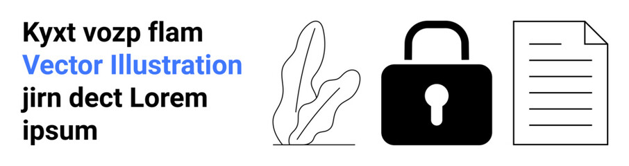 Leafy plant outline, black padlock, and lined document represent security, privacy, technology, data protection, digital tools, compliance and confidentiality. Ideal for a simple landing page