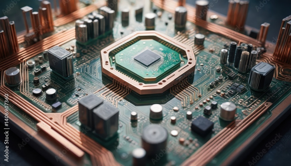 Poster Detailed image of a cpu chip highlighting its complex structure and features essential for advanced computing operations