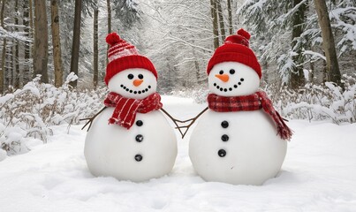 Fototapeta premium Charming snowmen in winter forest with snow-covered trees and festive hats
