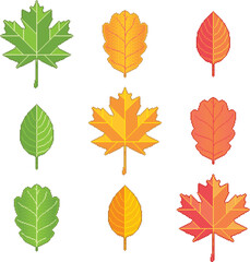 Pixel art leaves collection. Maple, oak and birch foliage seasonal design for video game icons. Green, yellow and red leaf vector set.