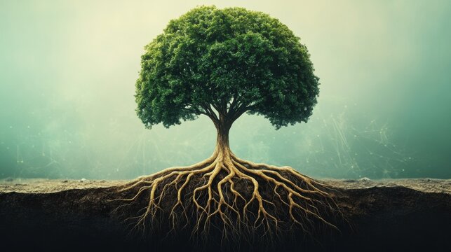 Tree illustrating organic intelligence with roots resembling a neural network design located in a serene environment