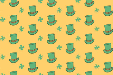 leprechaun green hat with leaf colorful pattern on blue background. doodle top hat with clover object symbol seamless pattern background. patrick hat seamless pattern for saint patrick merchandise