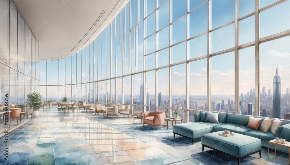 Poster Lobby of a modern high-rise building featuring elegant design elements and bright lighting creating a welcoming atmosphere