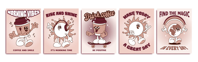 Retro cafe posters set isolated on white background. Vector cartoon illustration of y2k banners with groovy sun, coffee cup, earth characters wearing sunglasses, listening music, skating, morning vibe