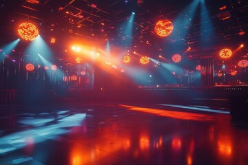 Empty dance floor illuminated by vibrant red and blue stage lighting, disco balls hanging from the ceiling.