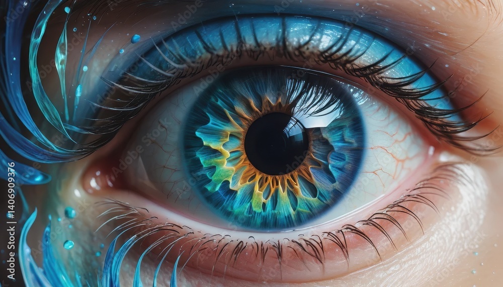 Poster Close-up of a blue eye with a unique yellow iris creating a fascinating contrast in a detailed visual presentation