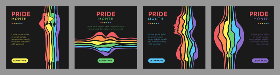 pride month simple minimal design with illustration of creative rainbow heart, balloon, human face, crowd hand using abstract random lines