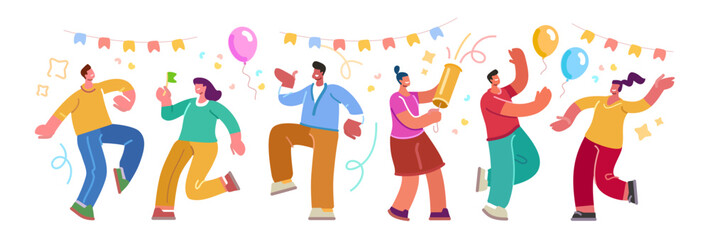 Young happy people at festive party. Friends are having fun and dancing together. Celebrating event, rejoicing