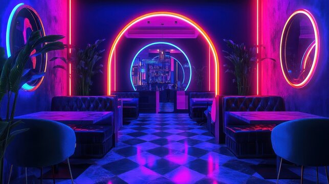Empty bar with neon lights, patterned floor, booths and plant. For retro vibe use