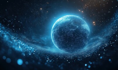 Obraz premium Stunning cosmic scene featuring glowing blue planet surrounded by sparkling stars and dust