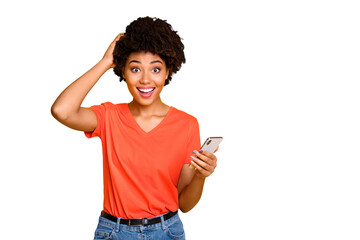 Photo of cheerful funny crazy charming pretty sweet student influencing people via social media...