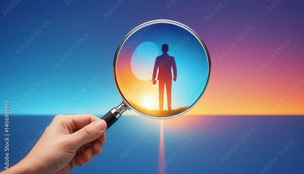 Poster individual examining an object through a magnifying glass in a thoughtful and engaging outdoor envir