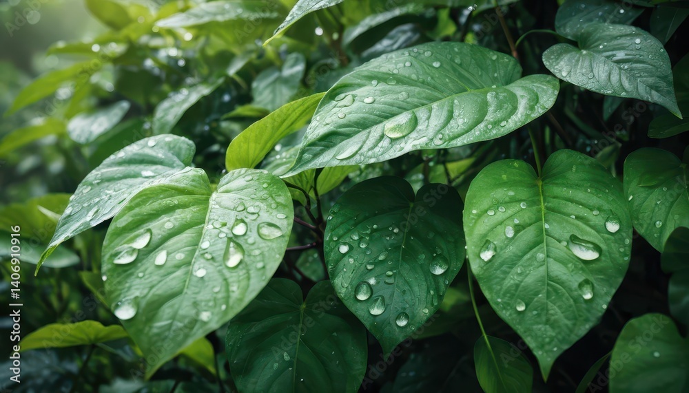 Aufkleber close-up image of a green leaf adorned with fresh water droplets in a natural and lush environment