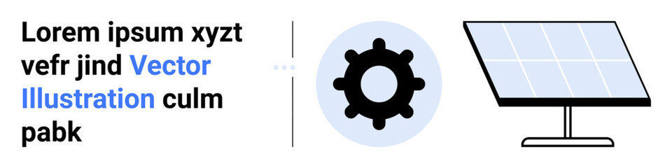 Solar panel on stand next to gear icon and placeholder text. Ideal for sustainability, technology, renewable energy, green solutions, innovation, environment, simple landing page