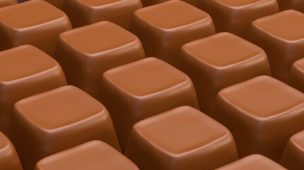 Rich, smooth chocolate squares are aligned uniformly on a conveyor belt in a busy confectionery factory. scene captures the essence of sweet treats being prepared for packaging. 3d render