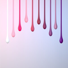 Various vibrant drips of paint in shades of pink and purple are suspended against a soft gradient background, creating an artistic and dynamic visual effect. 3d render