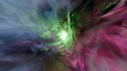 Spectacular cosmic display showcases a swirling nebula filled with vibrant colors of green, pink,...