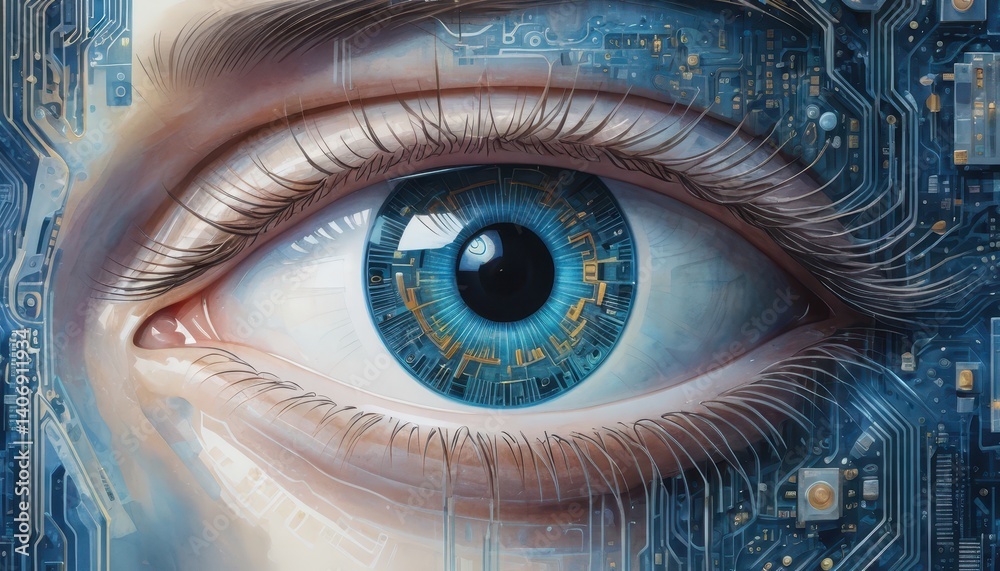 Poster Close-up of an eye with intricate circuits representing the intersection of technology and human perception
