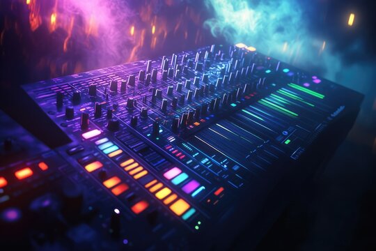 A vibrant DJ mixer console illuminated with colorful lights, creating a dynamic and energetic atmosphere.