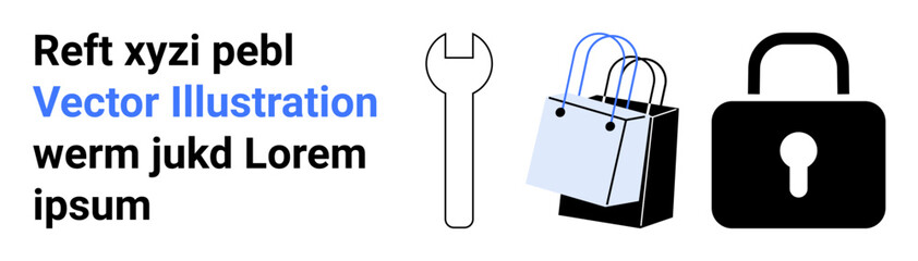 Wrench symbol, shopping bags, and lock emphasize concepts of repair, online shopping, and security. Ideal for e-commerce, privacy, shopping, repair service retail safety flat landing page banner
