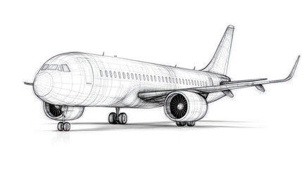 Commercial airplane pencil sketch featuring mesh and wireframe on white background