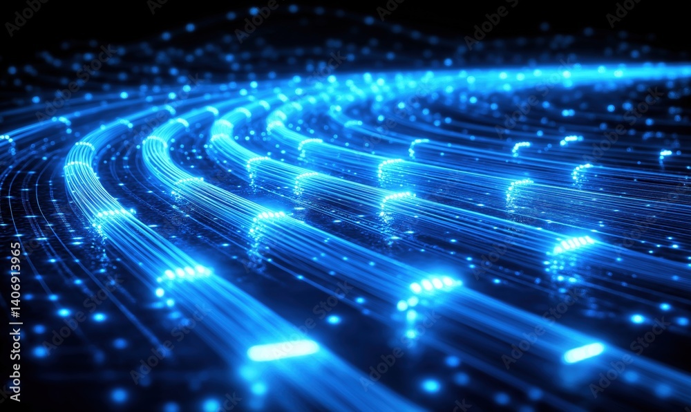 Poster Abstract blue light trails creating dynamic wave patterns in digital space