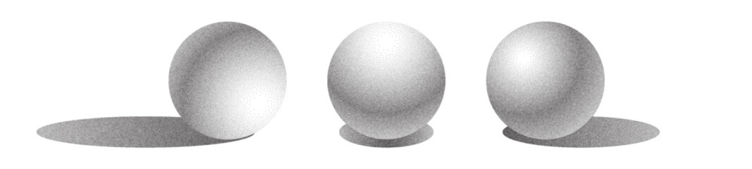 Stipple shading spheres with light direction and shadow. 3D balls drawn with dense dotwork and granular halftone patterns. Pointillism style grayscale gradients and shading for pencil sketch effect.