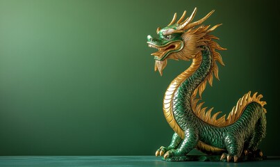 Obraz premium Majestic green and gold dragon sculpture with intricate details on smooth background
