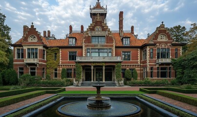 Naklejka premium Historic mansion with intricate architecture and beautiful gardens in serene setting