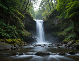Majestic Waterfall Cascading Into River Surrounded by Lush Forest Trees with Moss