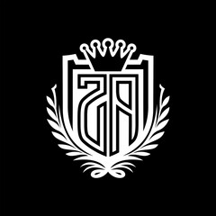 ZA Letter logo heraldic shield shape with crown on black background template design