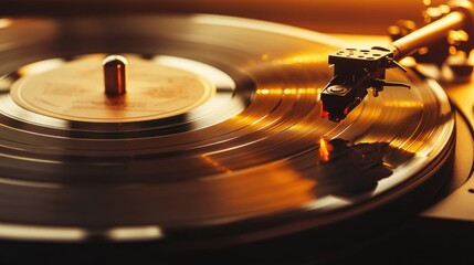 Vintage Vinyl Record Spinning on Turntable in Warm Light