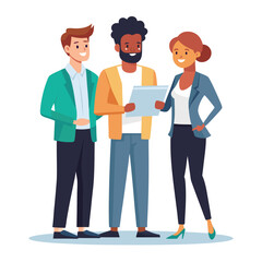 Obraz premium three-diverse-business-partners-standing-and-discus vector image on white background