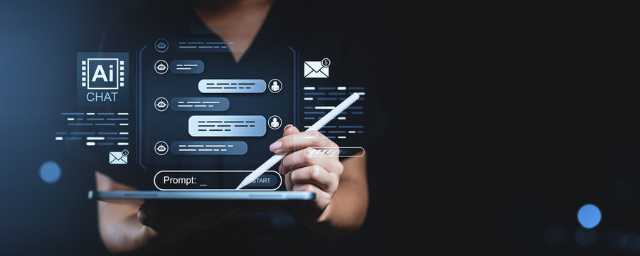Person using stylus on tablet with chatbot interface on dark tech background.
