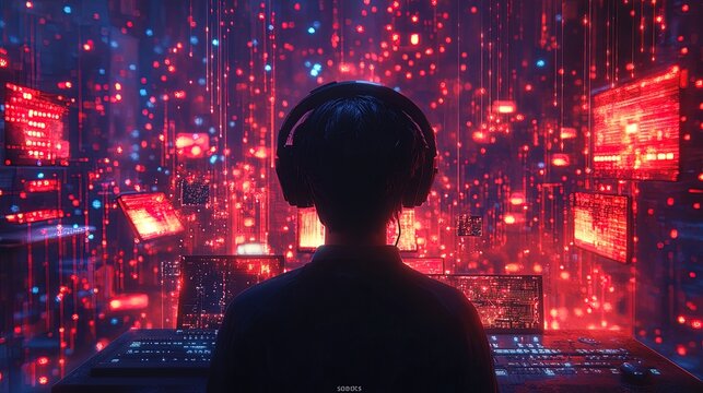 A person experiencing a glowing VR music world, with surreal instruments and floating notes