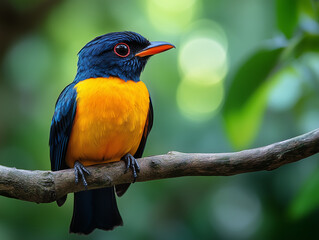 Obraz premium A colorful exotic bird perched on a branch in a tropical forest.
