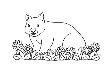 Cute Wombat Surrounded By Flowers Black And White Outline Illustration Vector